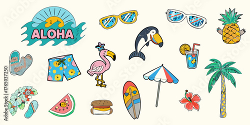 Collection of colorful cartoon summer vacation icons and symbols for a tropical beach holiday