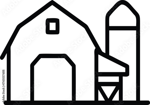 Traditional Barn with Large Silo Clean Outline Vector Icon