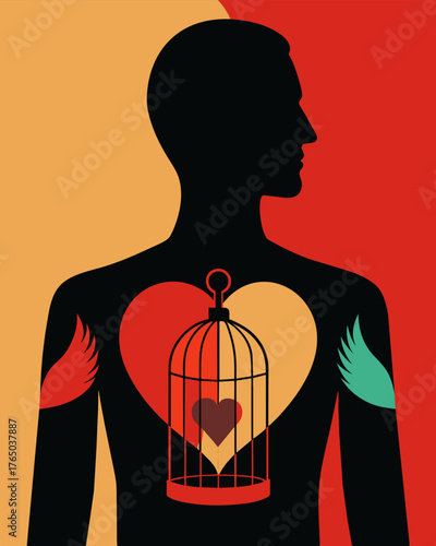 A mixed media art piece featuring a persons silhouette with a cage depicted inside their chest representing their heart being caged.. Vector illustration