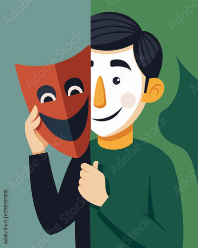 A cunning smile peeks out from behind the mask held up by a deceitful individual hiding their true intentions.. Vector illustration