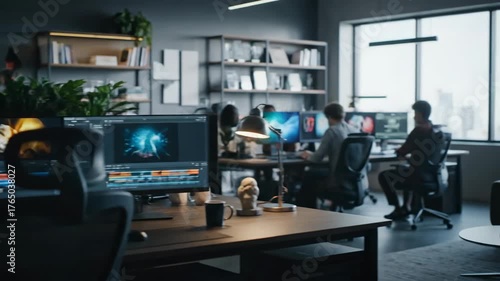 Dynamic creative professionals collaborating on digital media projects in a modern, tech-forward office, utilizing advanced workstations for video editing and graphic design production