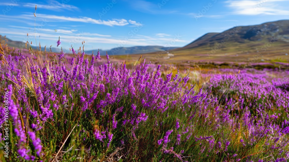 Naklejka premium Vibrant purple wildflowers blooming in a mountainous landscape under clear blue skies