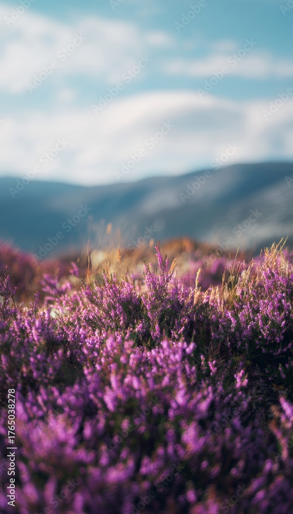 Obraz premium Vibrant close up of blooming purple heather with distant mountains under a clear blue sky
