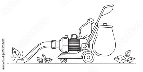 Minimalist black-and-white illustration of leaf vacuum cleaner sucking up fallen leaves on lawn. Perfect for gardening, autumn chores, and outdoor maintenance content