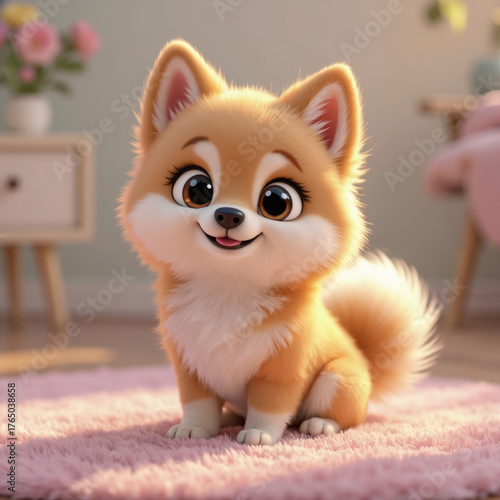 Cute puppy sitting on a fluffy rug with a happy expression in a cozy living room