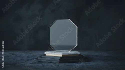 A minimalist geometric trophy or award stands proudly on a textured podium against a dark moody background symbolizing achievement and recognition