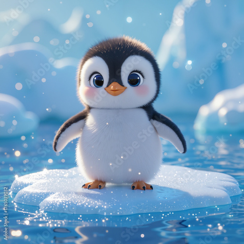 Adorable baby penguin standing on an ice floe in a sparkling icy landscape