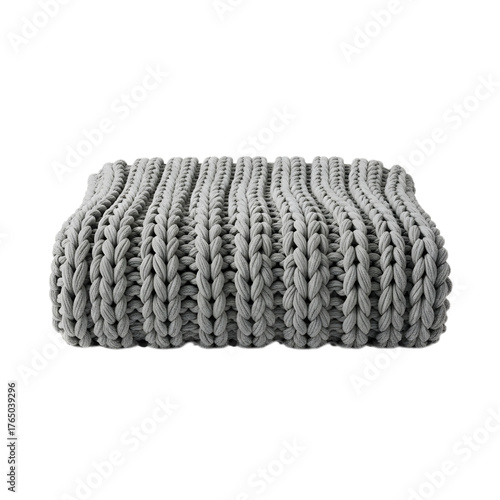 Folded Gray Chunky Knit Blanket Isolated on Transparent Background