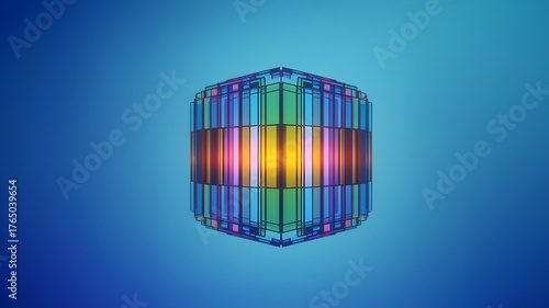 Abstract futuristic glowing crystal prism emitting vibrant rainbow light against a deep blue gradient background