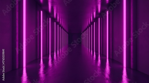 Endless futuristic purple neon light tunnel corridor with reflections on a dark reflective floor