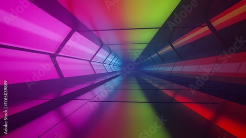 Abstract futuristic tunnel with vibrant neon lights and geometric patterns creating a sense of speed and motion