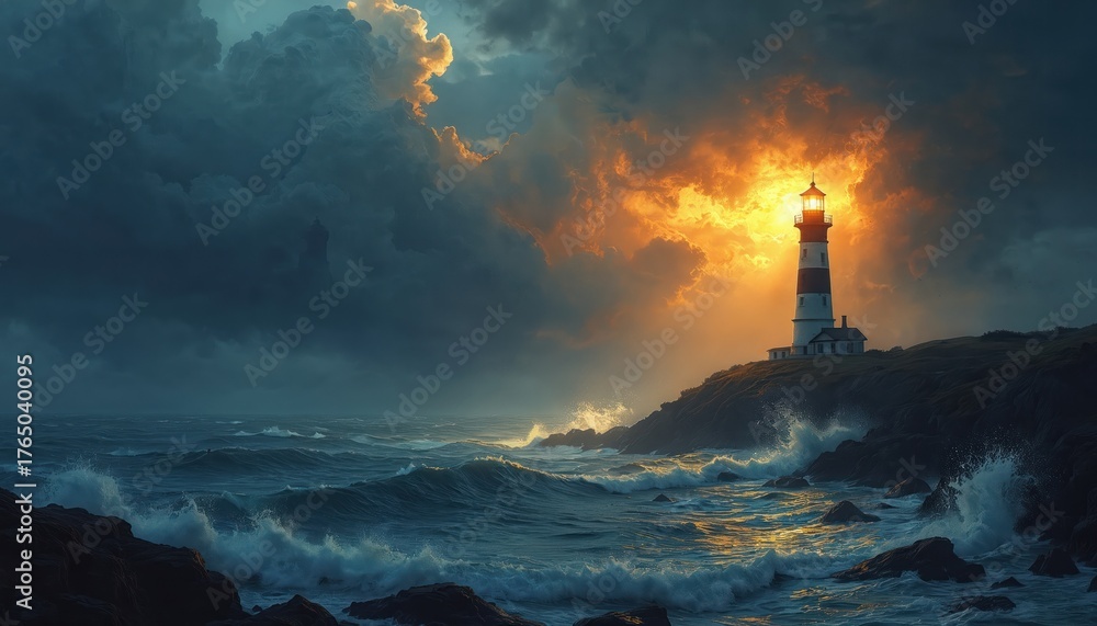 Fototapeta premium Tall lighthouse guides ships through stormy ocean waves at twilight. Dramatic clouds glow with fiery sunset light on rocky coast. Powerful sea meets enduring beacon.