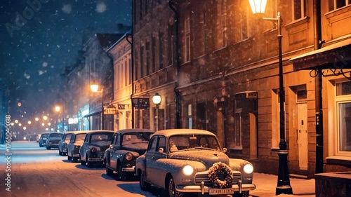 Serene snowfall on vintage cars at night in quiet urban street