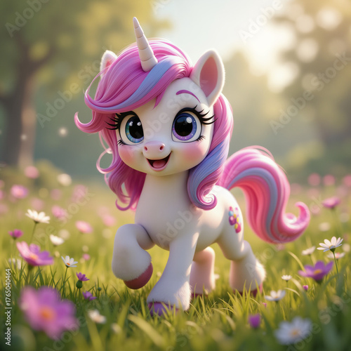 Cute unicorn walking in a flower field with a joyful expression and bright background