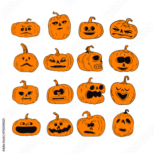 Halloween pumpkins with funny and spooky carved faces, cartoon vector illustration