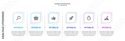 Progress bar featuring 6 arrow-shaped elements, symbolizing the six stages of business strategy and progression. Clean timeline infographic design template. Vector for mobile presentation.