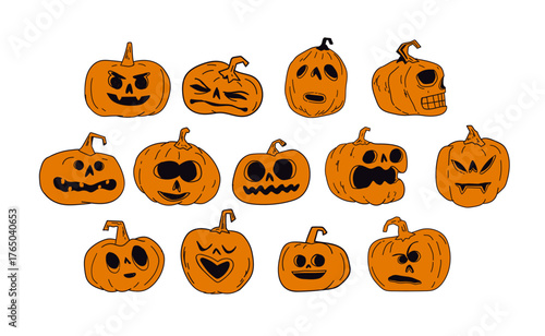 Halloween carved pumpkins hand drawn illustrations, cute funny jack o lanterns