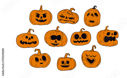 Halloween carved pumpkins hand drawn illustrations, cute funny jack o lanterns