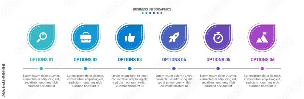 Naklejka premium Progress bar featuring 6 arrow-shaped elements, symbolizing the six stages of business strategy and progression. Clean timeline infographic design template. Vector for mobile presentation.