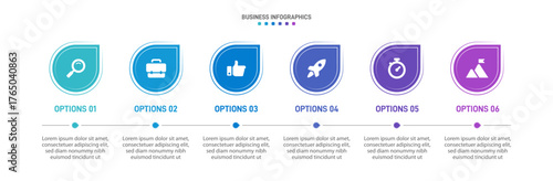 Progress bar featuring 6 arrow-shaped elements, symbolizing the six stages of business strategy and progression. Clean timeline infographic design template. Vector for mobile presentation.