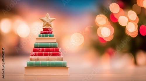 Creative holiday book tree with star decoration on blurred background