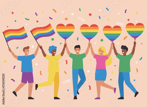 A diverse crowd of LGBTQ+ individuals holding posters, placards, symbols, signs, and colorful rainbow flags at a gay parade, Pride month, or festival, celebrating Pride month on a web banner or