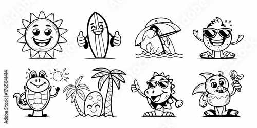 Collection of fun cartoon characters enjoying summer vacation activities and beach fun