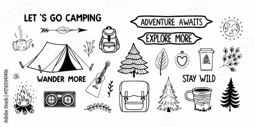 Collection of hand drawn camping and adventure icons with inspirational text phrases for outdoor enthusiasts