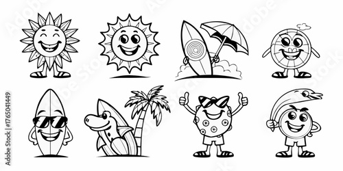 Collection of eight cute cartoon summer characters and objects in black and white line art style