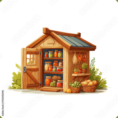 Vector illustration of small wooden food storage with jars of preserves and baskets of potatoes, isolated on white background