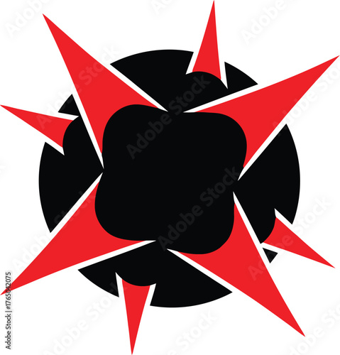 Dynamic abstract red starburst bursting outward from black circle center energetic radial pattern vector Game logo