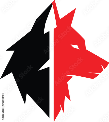 Abstract wolf head split in half with red and black geometric design modern logo concept for strength protection power and freedom vector Game logo