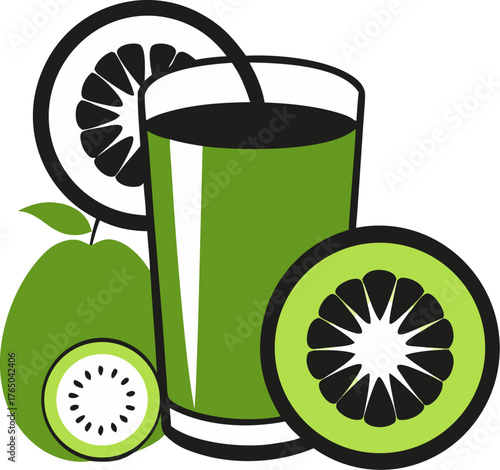 Kiwi juice with kiwi slices inside and around the glass. silhouette vector icon , , white background