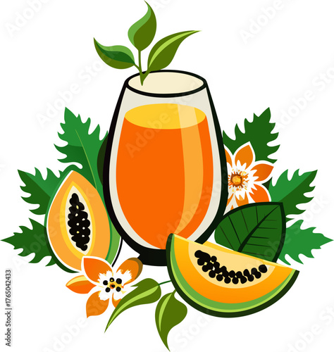 Papaya juice in a decorative glass, papaya slices around. silhouette vector icon , white background