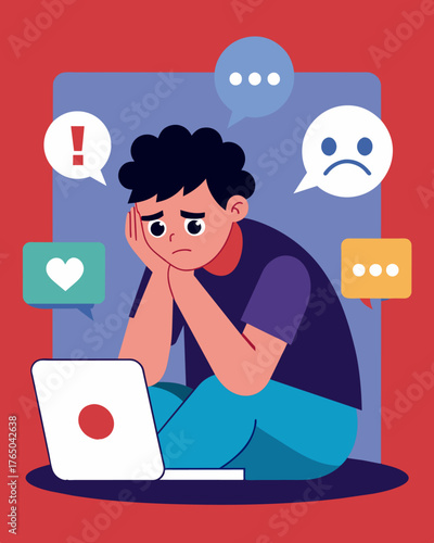 A defeated look crosses the face of an individual as they see their social media post hijacked by trolls leaving hurtful messages.. Vector illustration