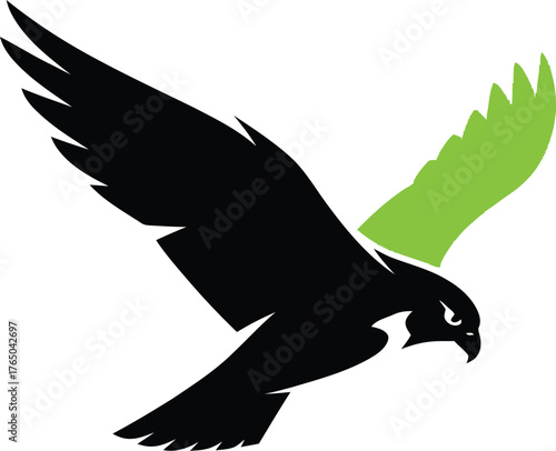 Sleek black hawk soaring with vibrant green accent wing capturing motion and freedom vector Game logo