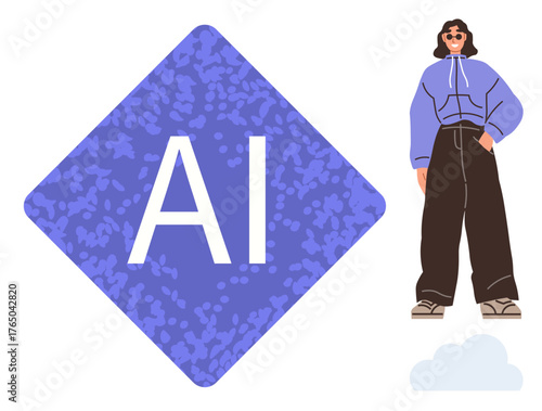Large AI text in patterned diamond alongside trendy individual in casual attire, suggesting modernity and innovation. Ideal for technology, creativity, individuality, innovation, style, branding