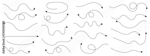 Hand drawn dot arrow vector set. Hand drawn line doodle arrow, curve arrow icon vector set. Vector illustration. Hand drawn dotted arrows set. Sketch curved dashed arrows design