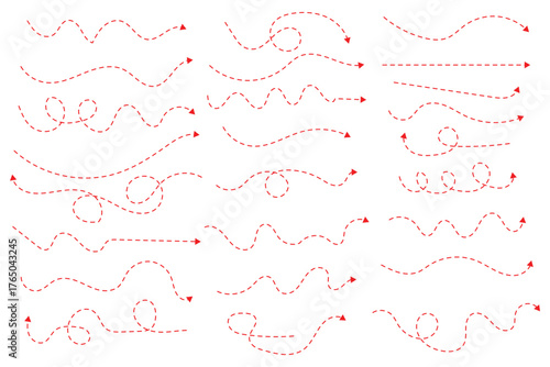 Hand drawn dot arrow vector set. Hand drawn line doodle arrow, curve arrow icon vector set. Vector illustration. Hand drawn dotted arrows set. Sketch curved dashed arrows design