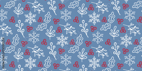 A winter seamless pattern with hand-drawn snowflakes, berries, and leaves. A festive seasonal print for fabric or wrapping paper.