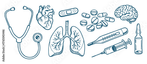 medical tools and anatomical elements, lungs, heart, brain, pills, stethoscope, healthcare doodles collection