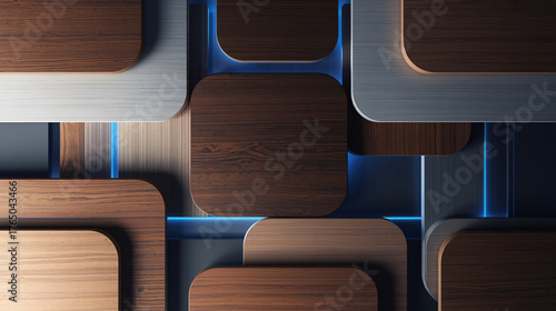 Modern abstract wooden and metallic geometric background with blue neon light