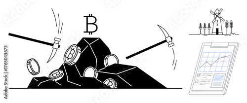 Mining tools extracting Bitcoin from rocks, clipboard with financial analytics, windmill, and energy sources. Ideal for cryptocurrency, sustainability, finance, investment, blockchain technology