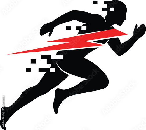 Dynamic human figure in motion depicting speed energy and movement combined with a striking red lightning bolt representing athleticism and peak performance vector Game logo