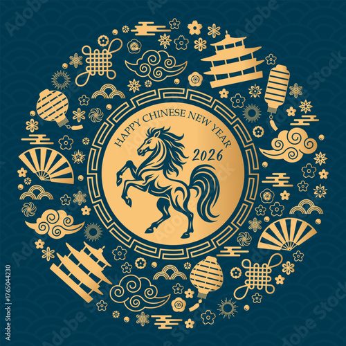 Congratulatory banner or card. 2026 is the Year of the Horse according to the Chinese zodiac. Chinese flowers, lanterns, fans, clouds, and bamboo serve as decorations. Golden vector illustration.