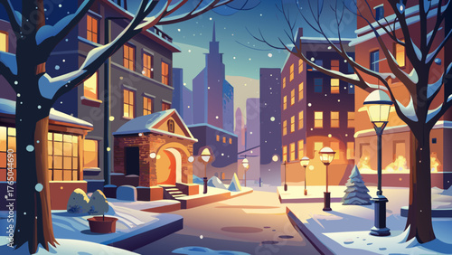 Very beautiful winter urban exploration scene capturing gentle snowfall over quiet streets, glowing warm lights reflecting on wet pavement, and a solitary tree standing amid serene night atmosphere — 
