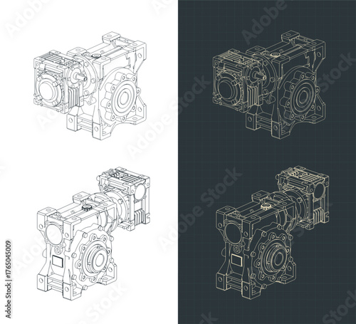 Worm gear motor isometric blueprints illustrations