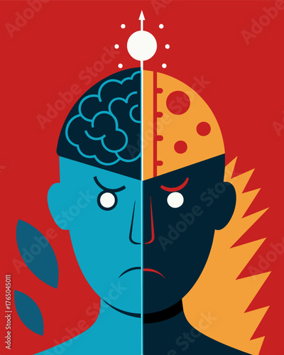 A mind split in two with one half rational and the other consumed by fear and doubt.. Vector illustration