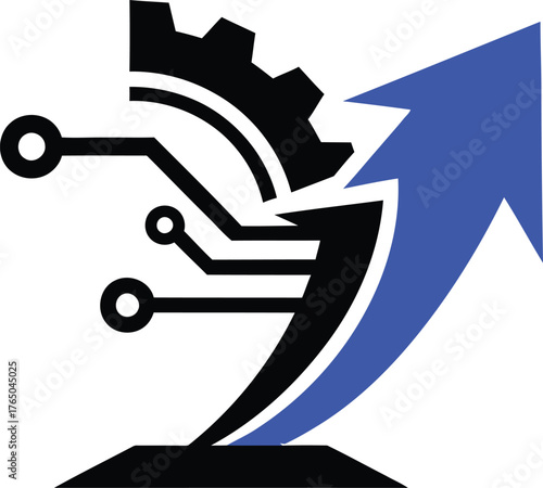 Technological advancement and progress concept gear circuit board and upward arrow symbolizing growth and innovation in the digital age vector Game logo