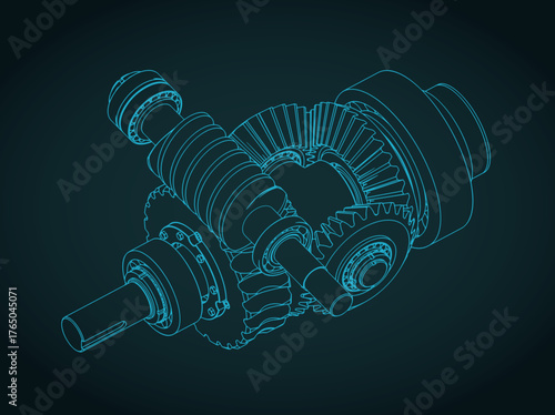 Worm gearbox with differential structure isometric blueprint